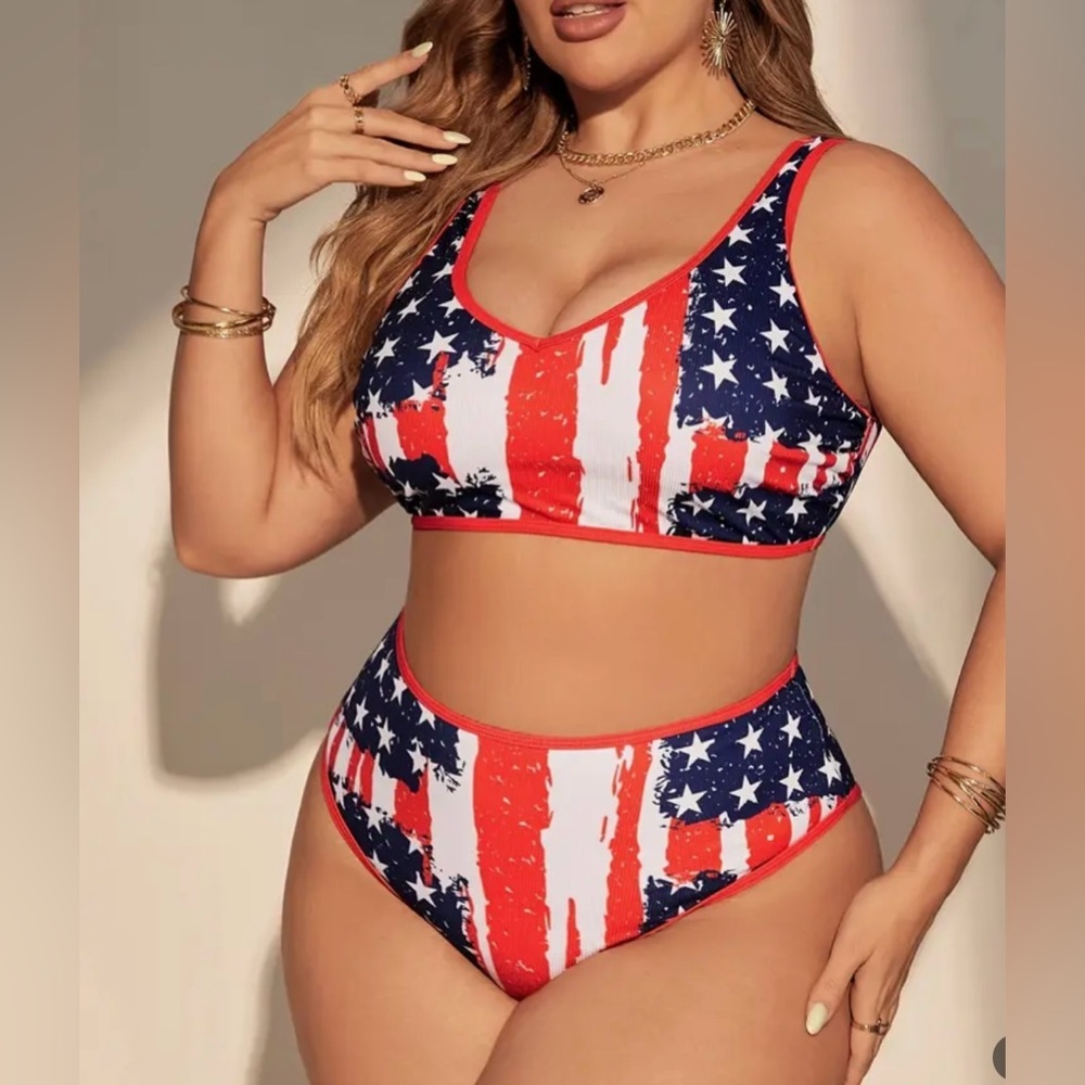 Plus Size American Flag Stars Stripes High Waisted Bikini Set - Picture 7 of 10